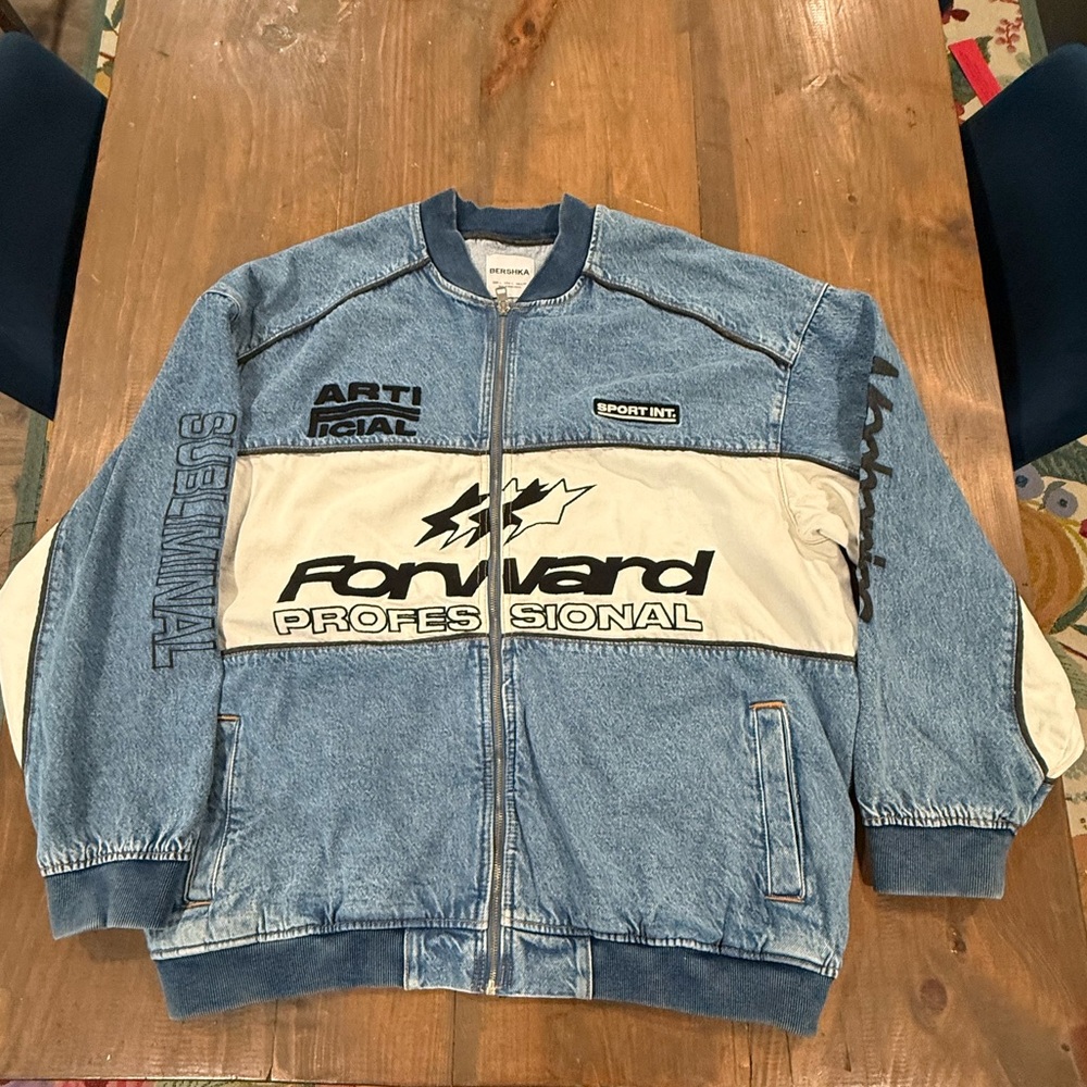 BERSHKA Size L  Blue “Forward Professional” Denim Bomber Jacket - color block